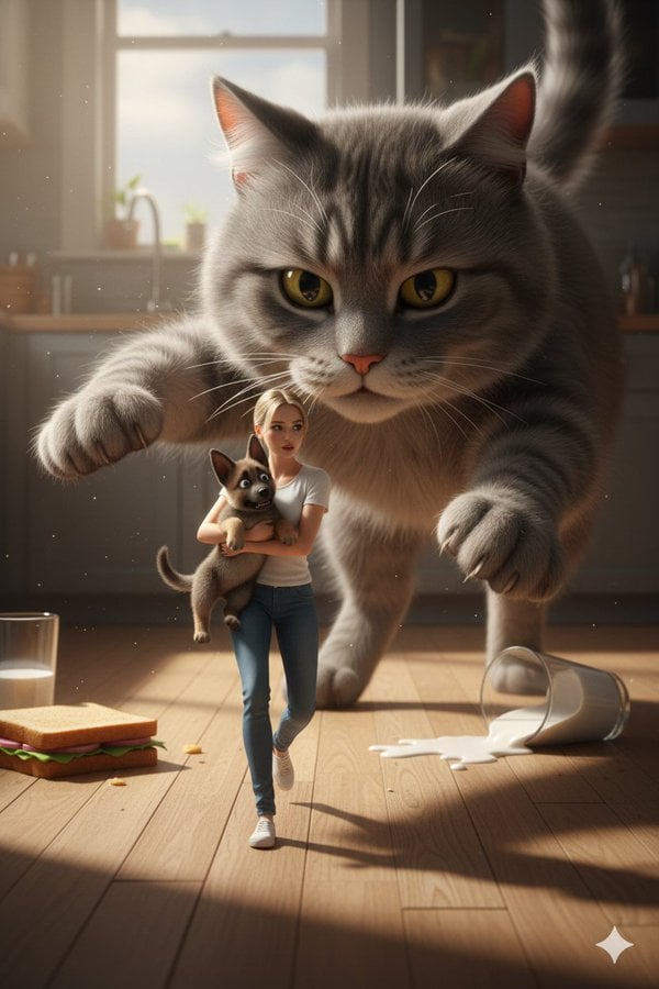 Cinematic Giant Cat Chasing Tiny Woman