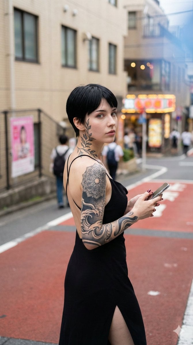 Photorealistic Snapshot of a Woman with Tattoos in a Japanese Urban Setting