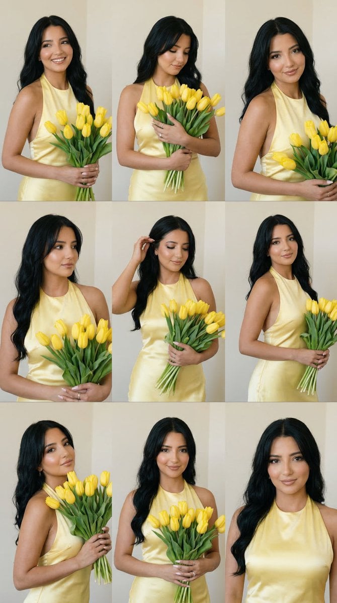 Panel Editorial Grid Prompt for Yellow Satin Halter Dress