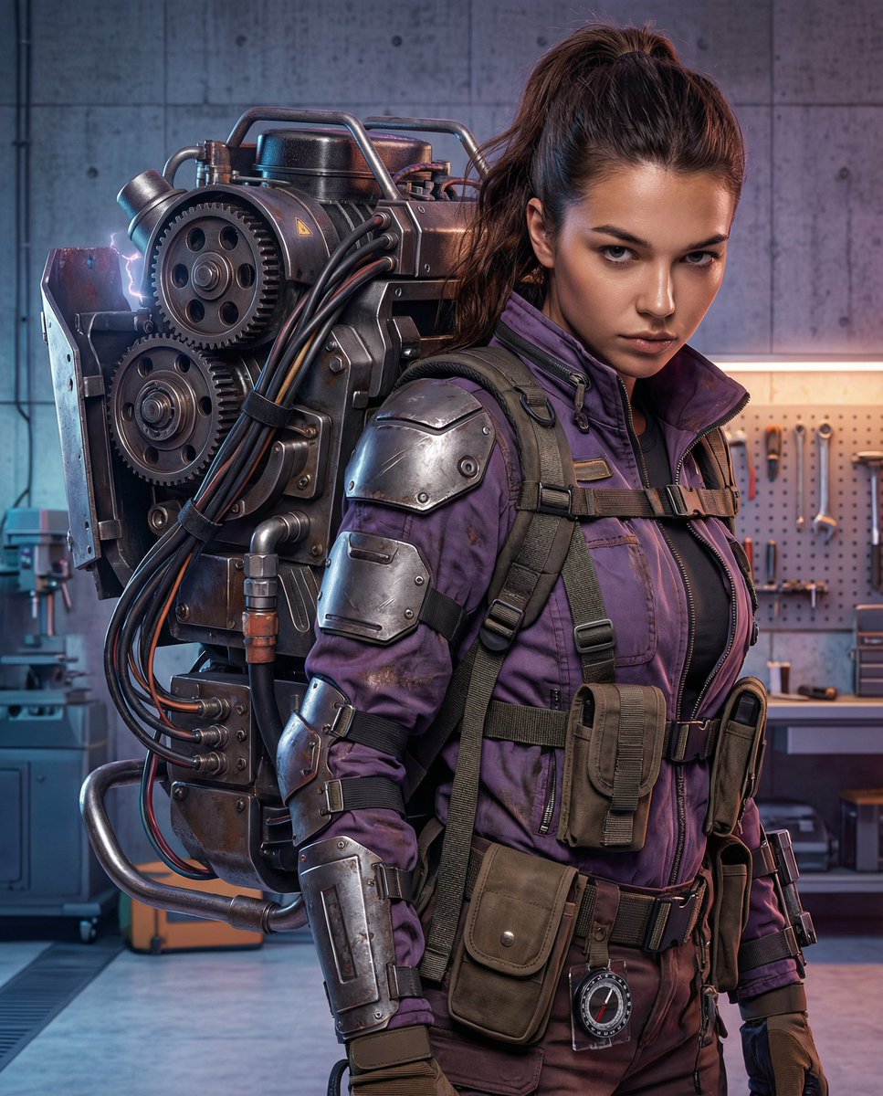 Cyberpunk Mechanic with Massive Exosuit Backpack