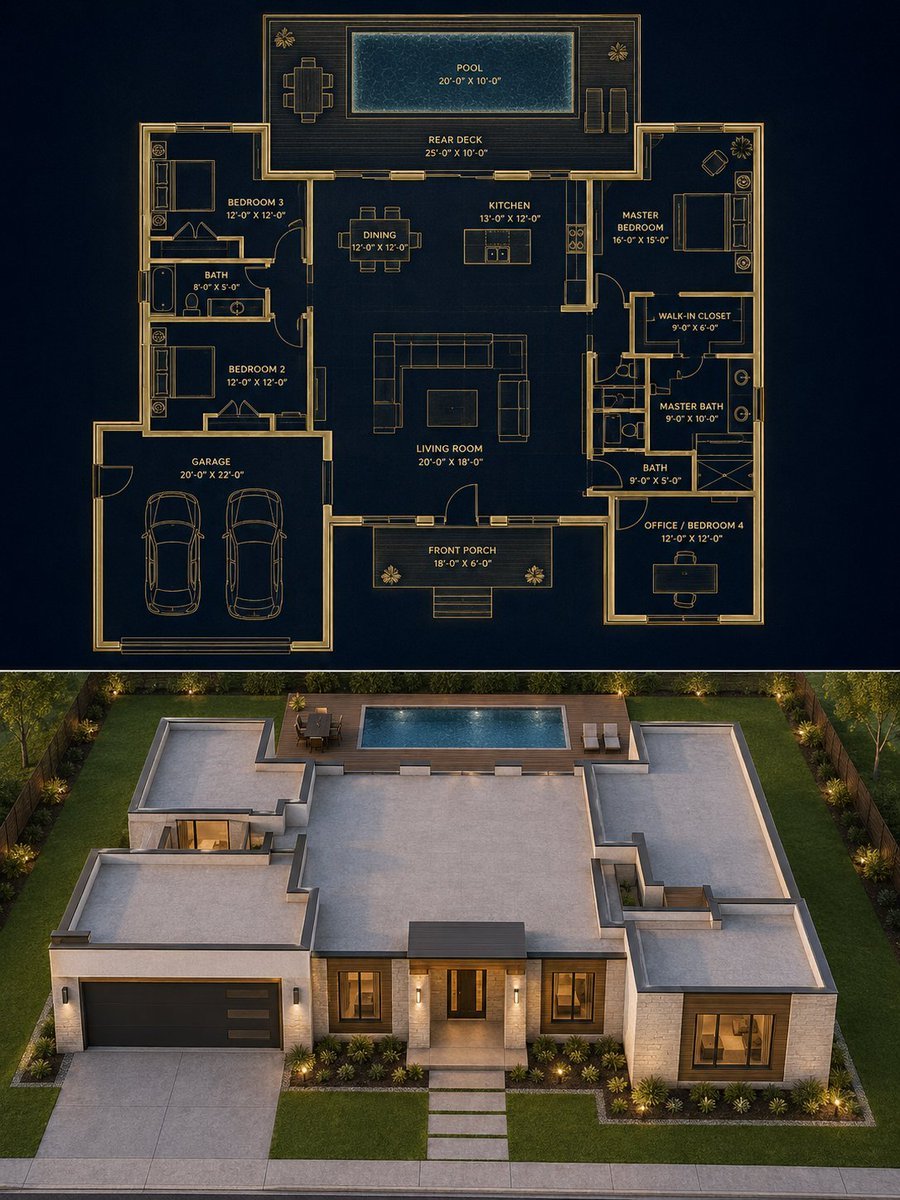 Split Blueprint and Modern House Render