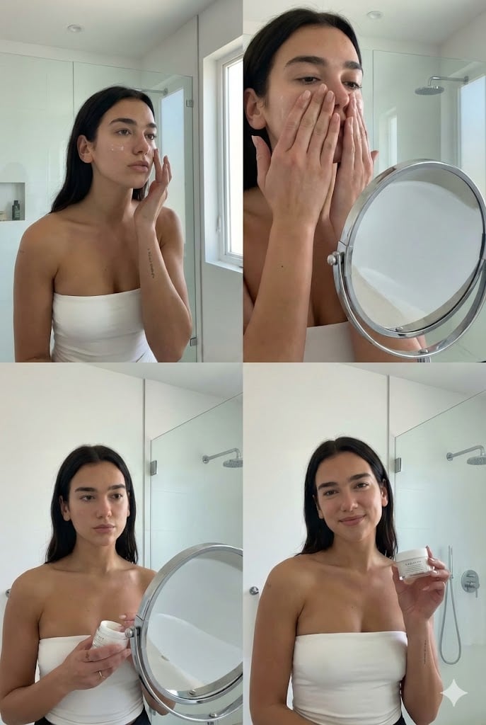 Dua Lipa Skincare Editorial Collage