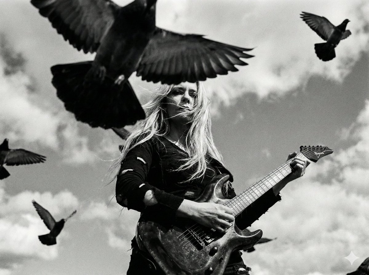 Cinematic Black and White Photo of Woman with Guitar and Pigeons