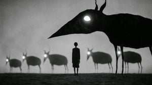 Monochrome Surreal Bird-Beast Encounter