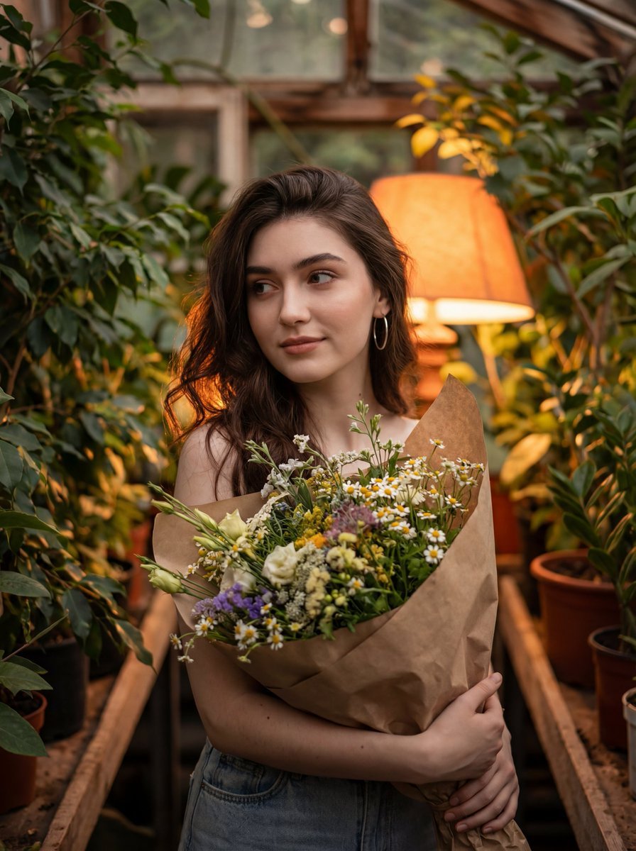 Atmospheric Portrait with Flowers and Warm Lighting