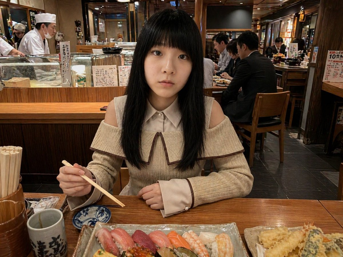 Photorealistic Sushi Counter Dinner Portrait