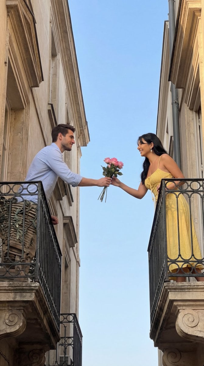 Cinematic Romantic Editorial: Balcony Flower Exchange