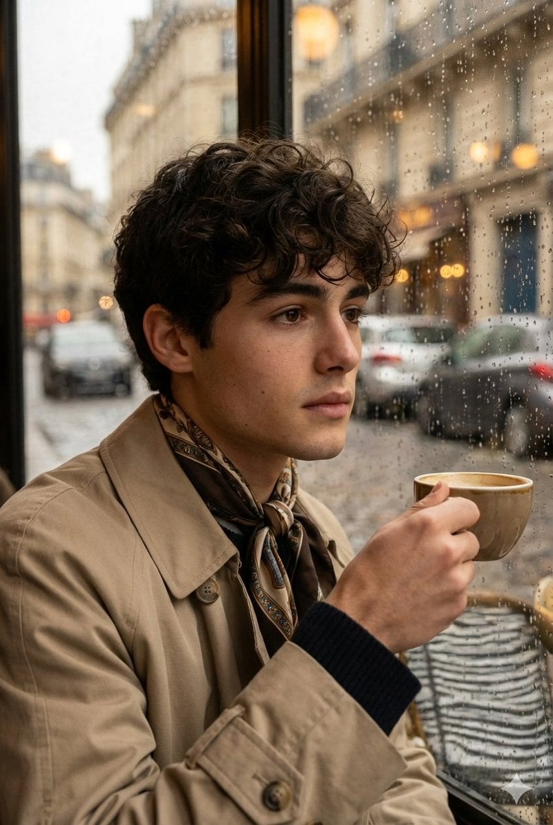 Ultra-realistic cinematic portrait through a rain-soaked café window