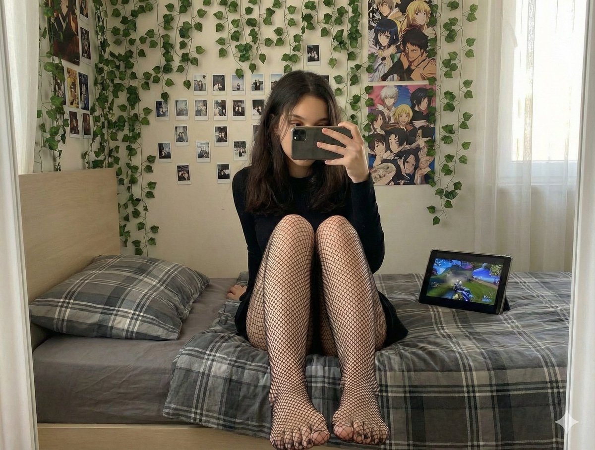 Candid Mirror Selfie with Fishnet Stockings Focus Prompt