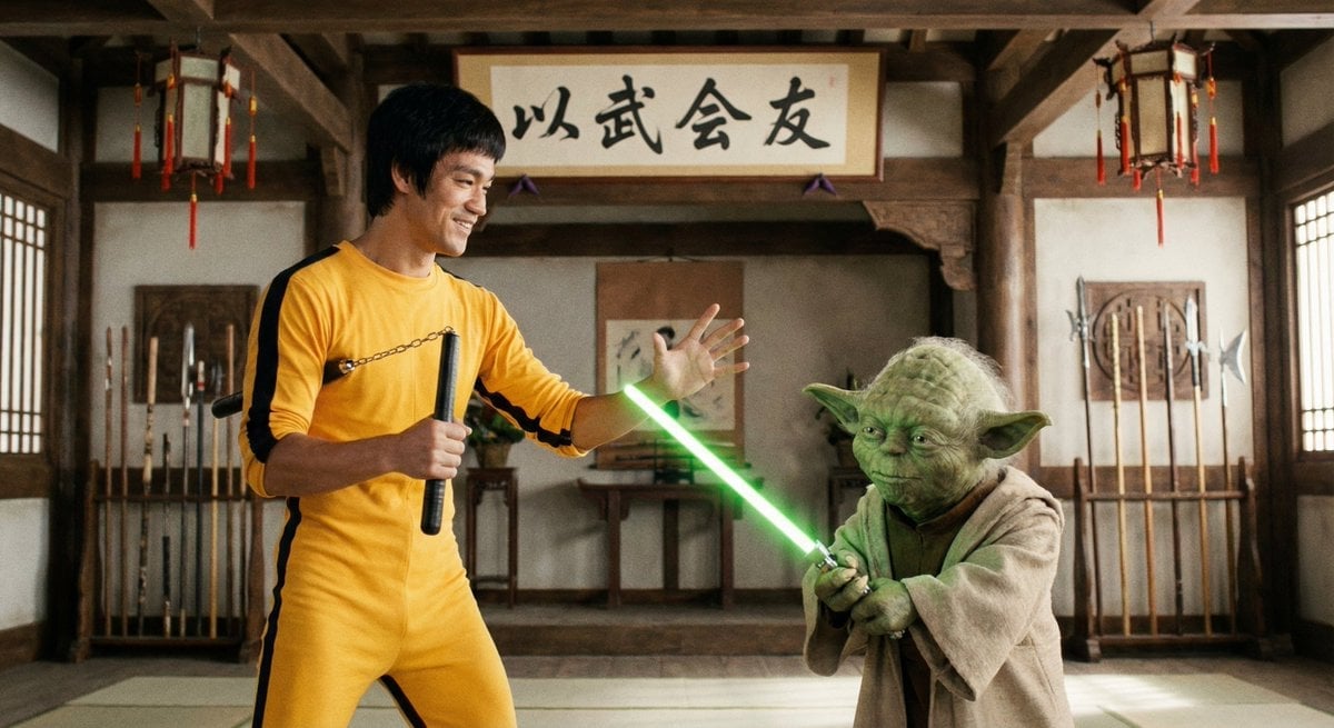 Bruce Lee sparring with Yoda in a dojo