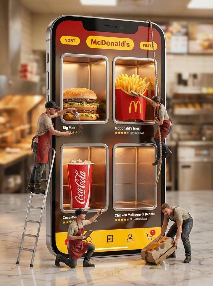 Ultra-realistic creative advertising scene showing a giant smartphone