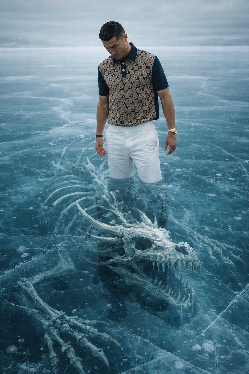 8K Ultra-Realistic Promotional Image of a Man on Ice with a Submerged Skeleton