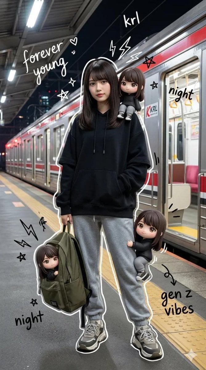 Mixed-Media Portrait of Gen Z Teenager with Chibi Clones