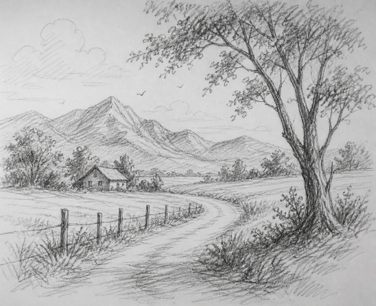 Scribbly Pencil Mountain Landscape