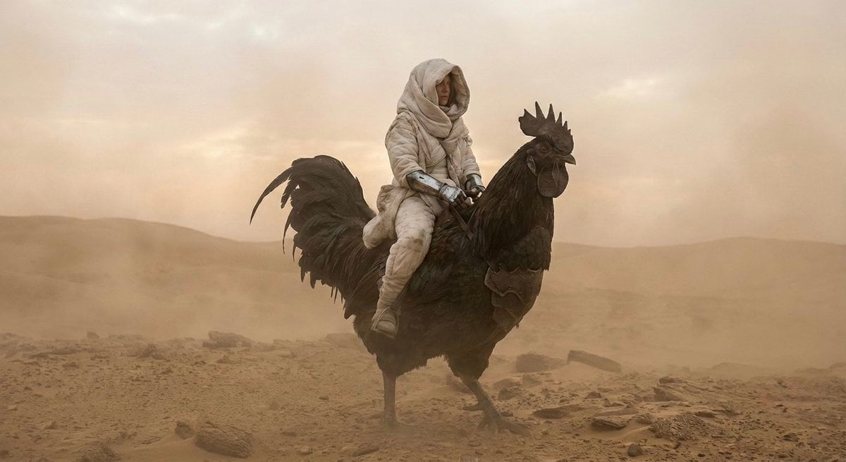 Dune-Inspired Epic Scene with Woman Riding a Giant Rooster
