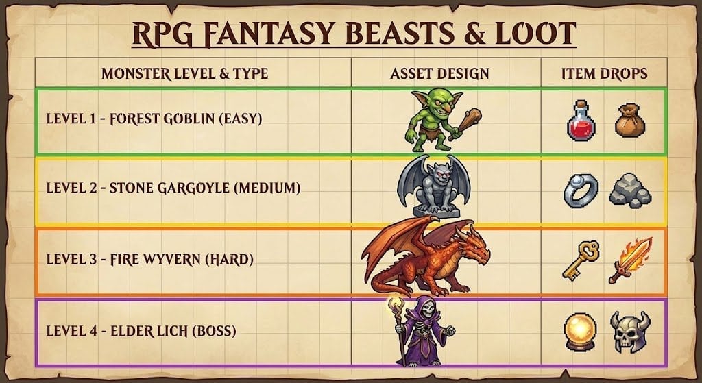 RPG Game Asset Sheet for Monsters