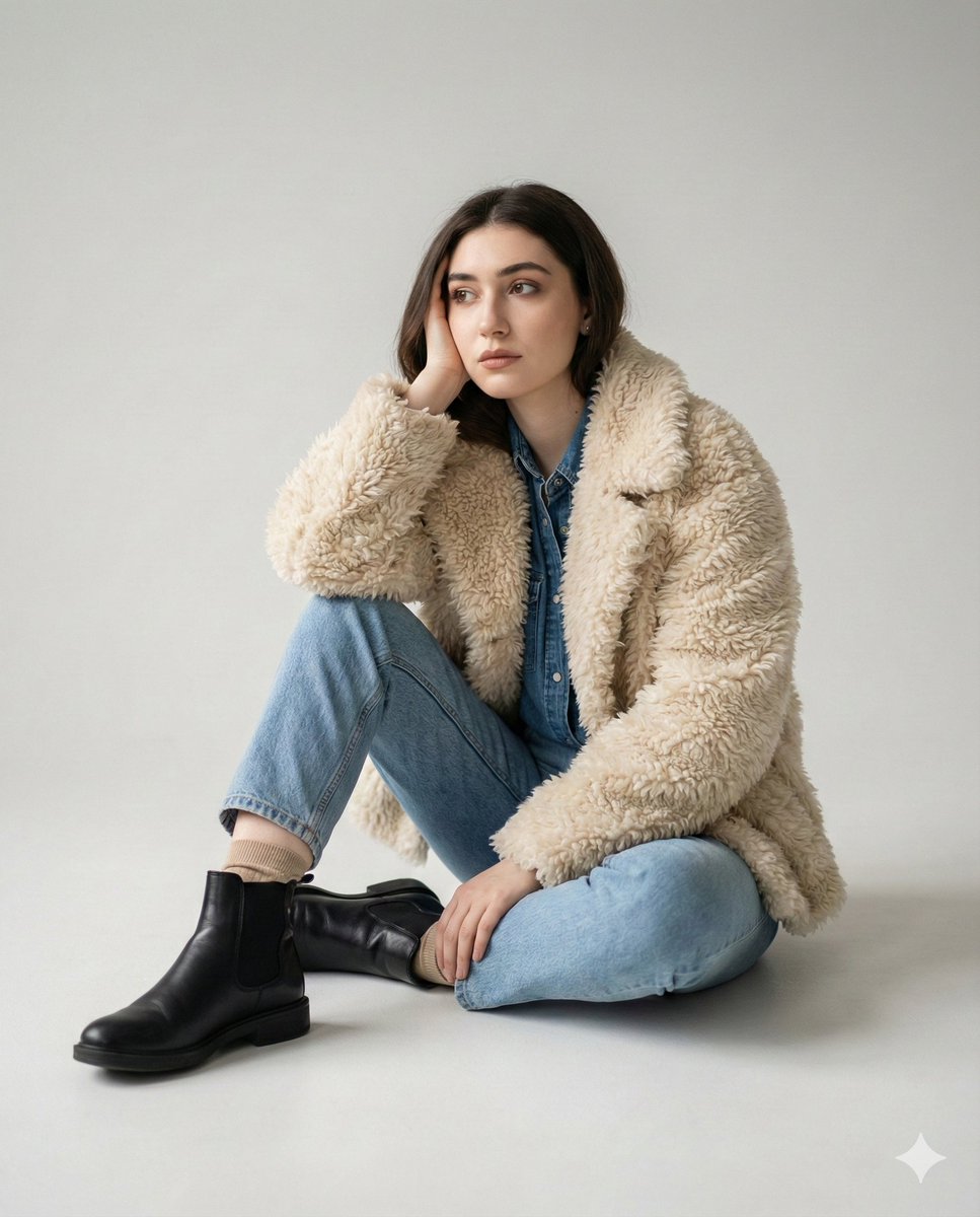 Editorial denim portrait preserving face identity