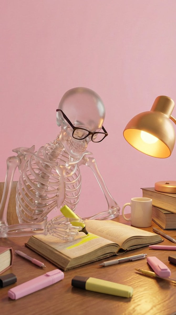 Stylized 3D Glass Skeleton Render Prompt