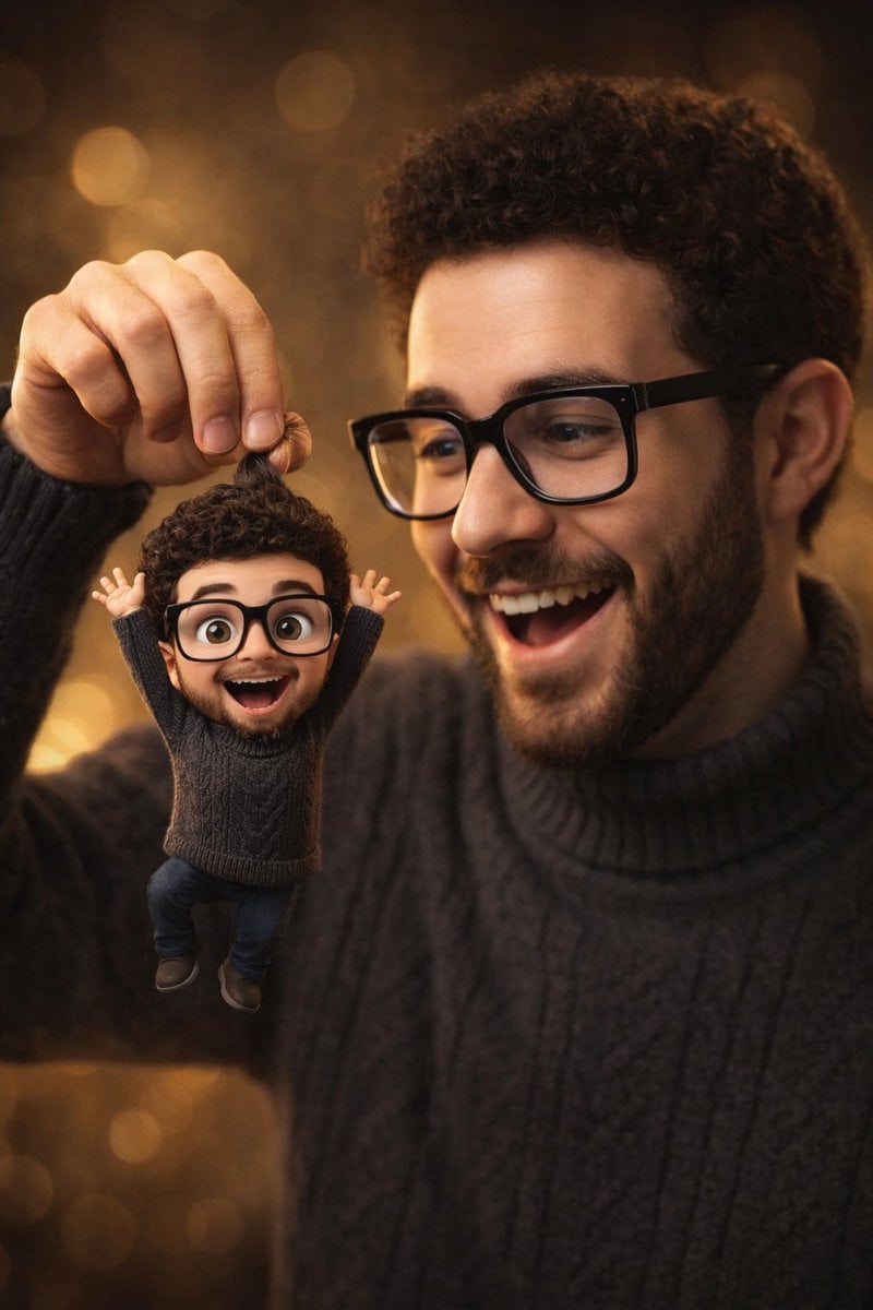 Photorealistic Subject Holding Miniature Cartoon Self