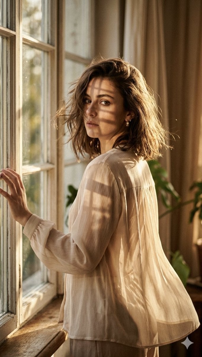 A high-fashion editorial portrait of a young woman standing by a large