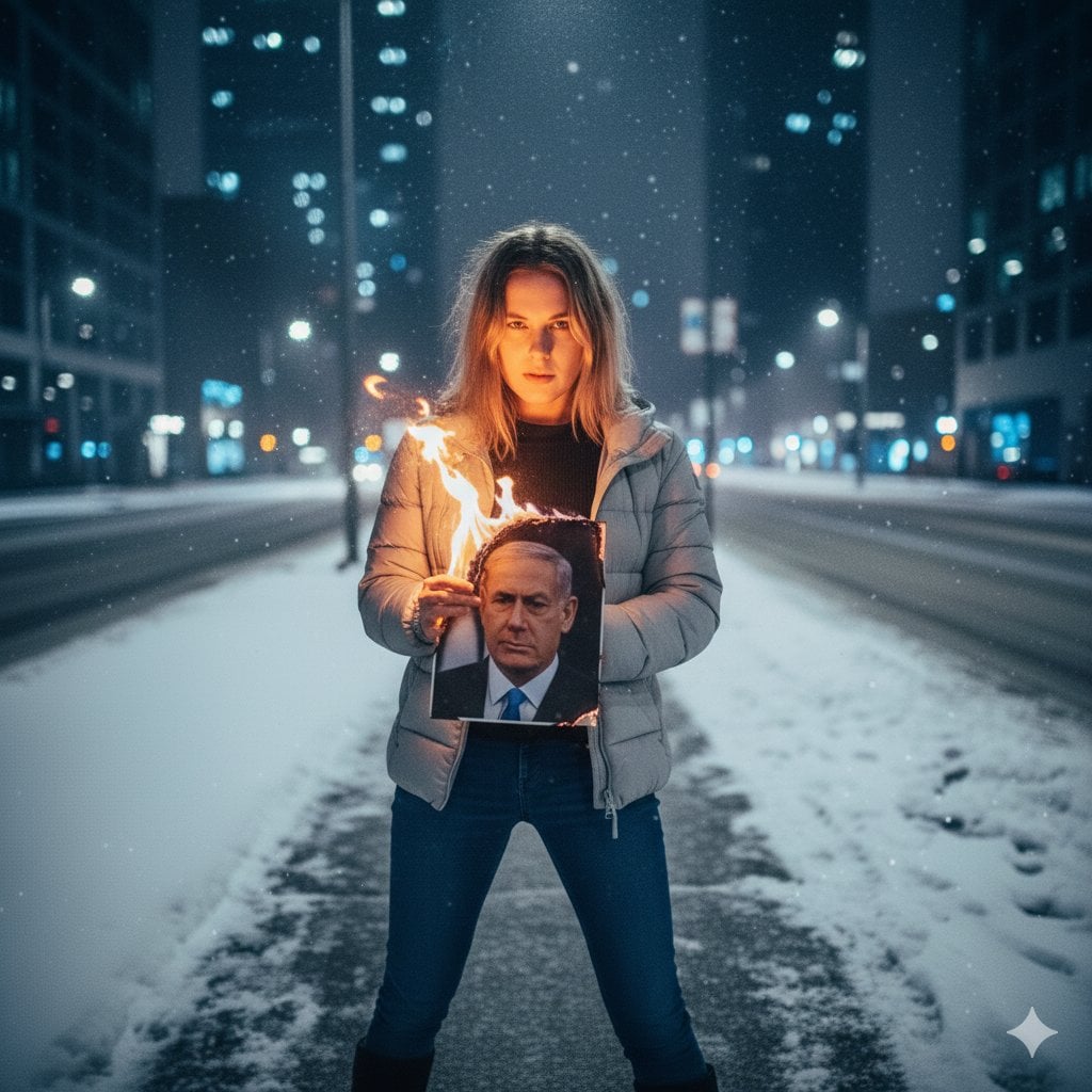Defiant Woman Lighting Cigarette with Burning Photo