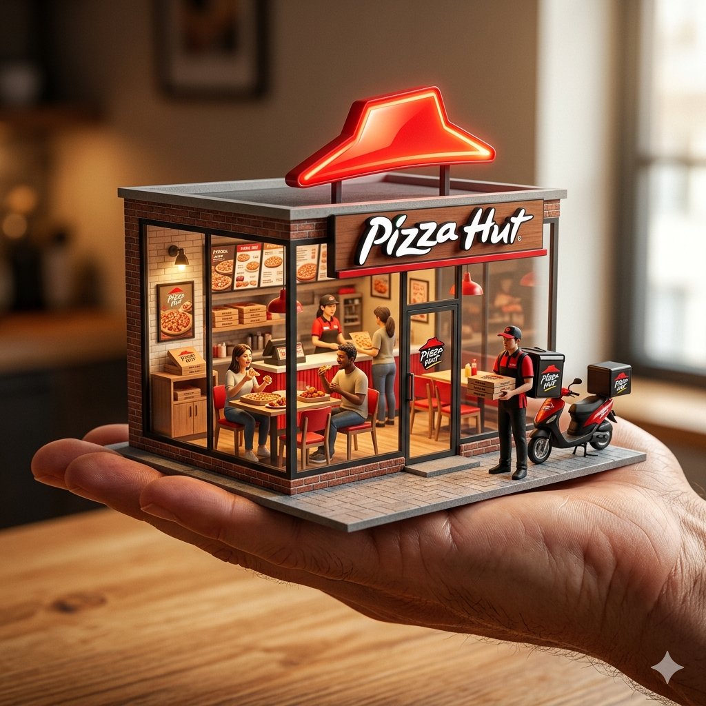 An ultra-realistic miniature showroom balanced on a human palm, designed