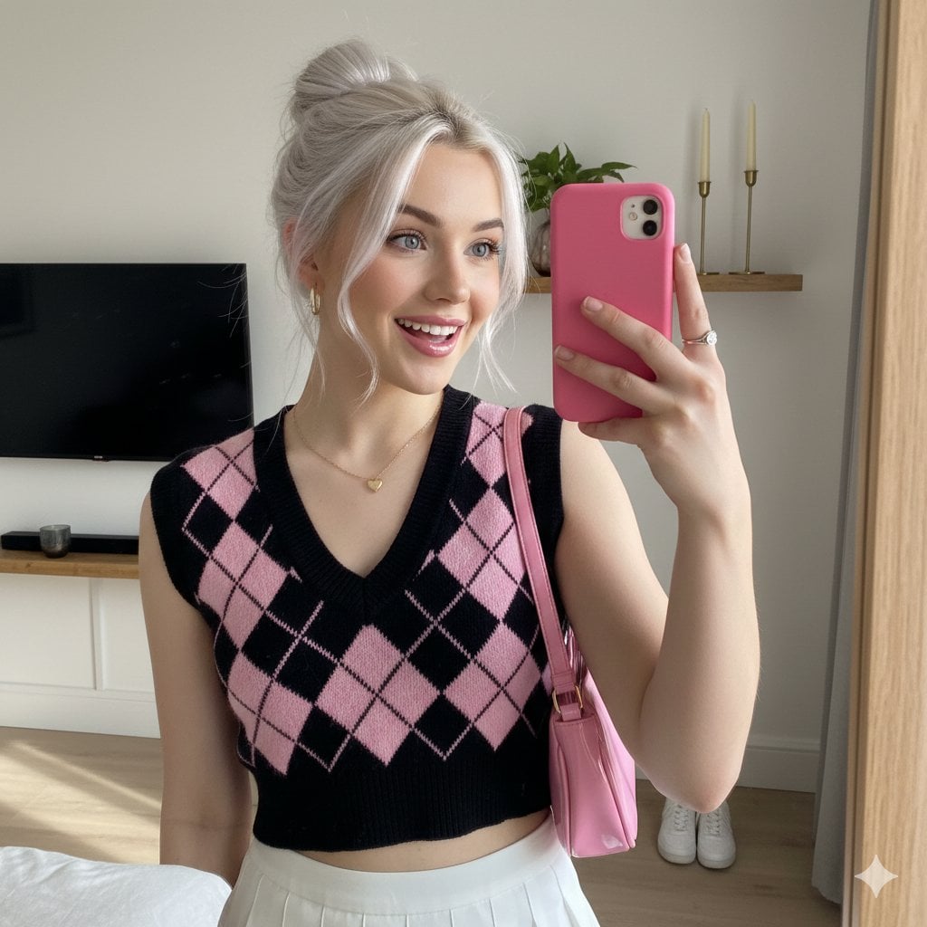 Cute Blonde Girl Mirror Selfie in Argyle Vest