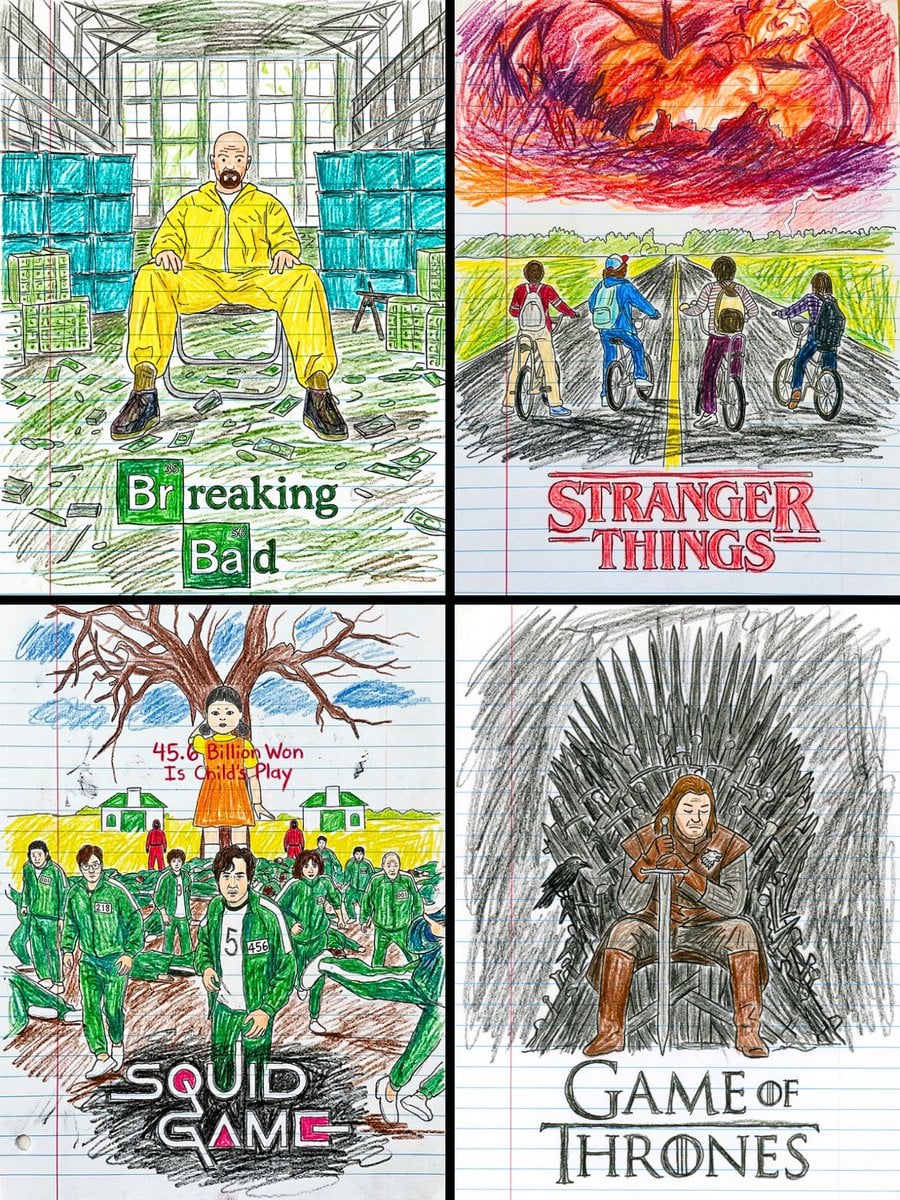 This movie poster into a child s crayon drawing on lined notebook paper