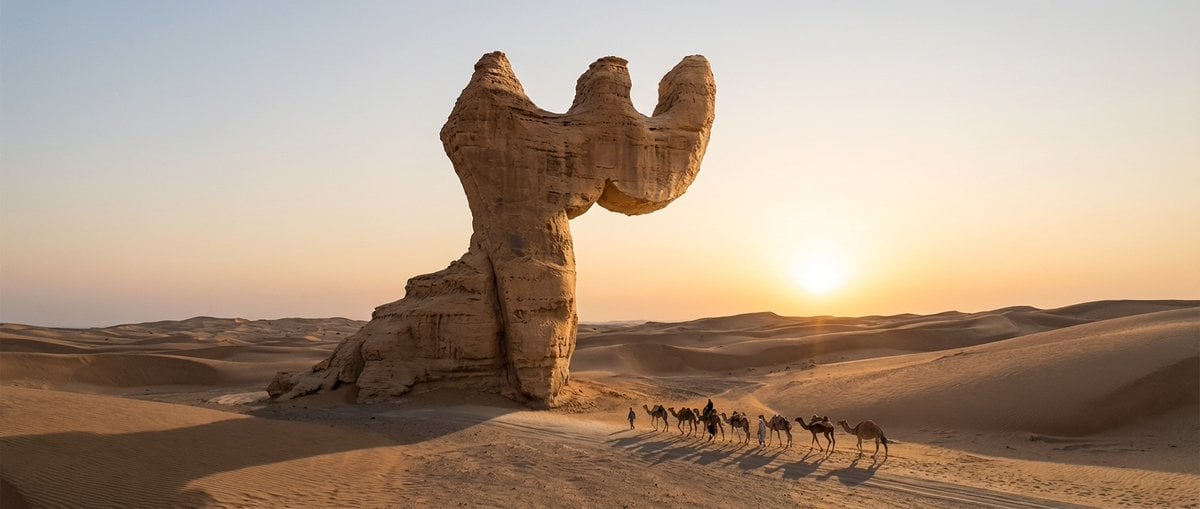 Cinematic Wide-Angle of Monolith Shaped Like Persian Numeral Three