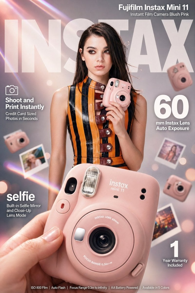 High-impact e-commerce infographic advertisement for Fujifilm Instax