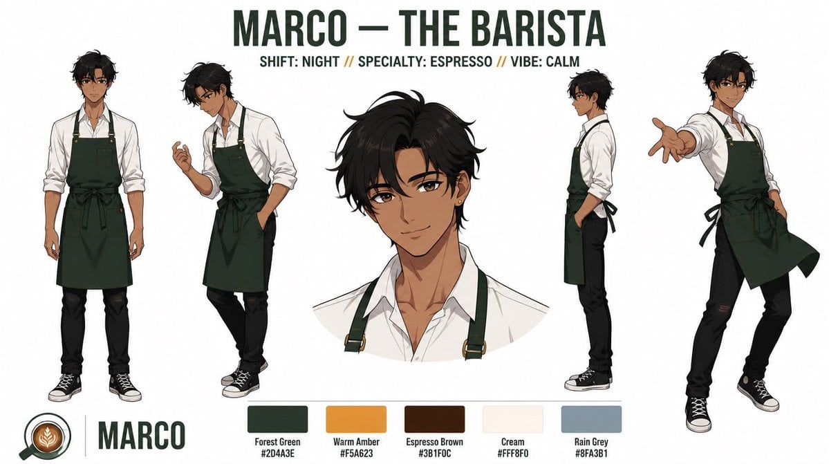 Anime Barista Character Reference Sheet