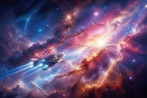 Exploration Ship Crossing a Glowing Nebula