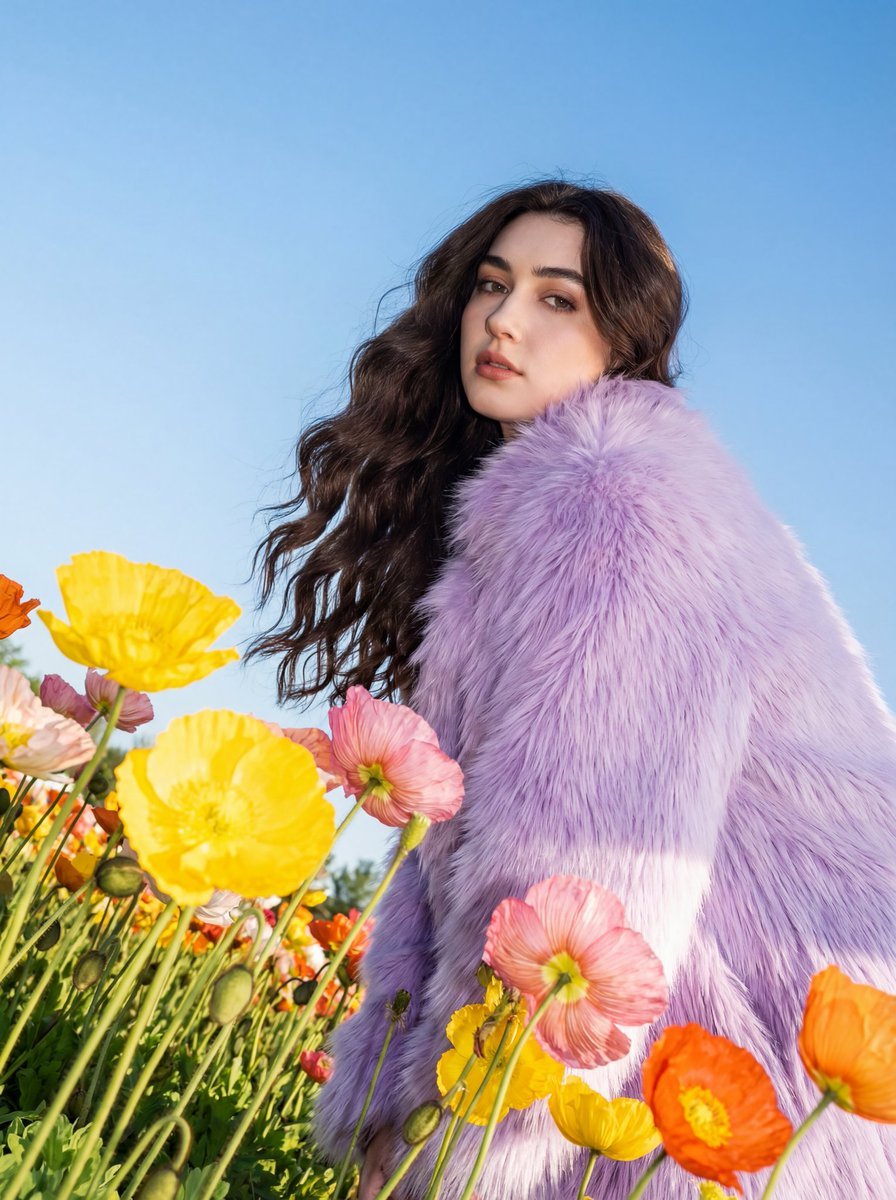 Harsh Flash Fashion Portrait in Flower Field Prompt
