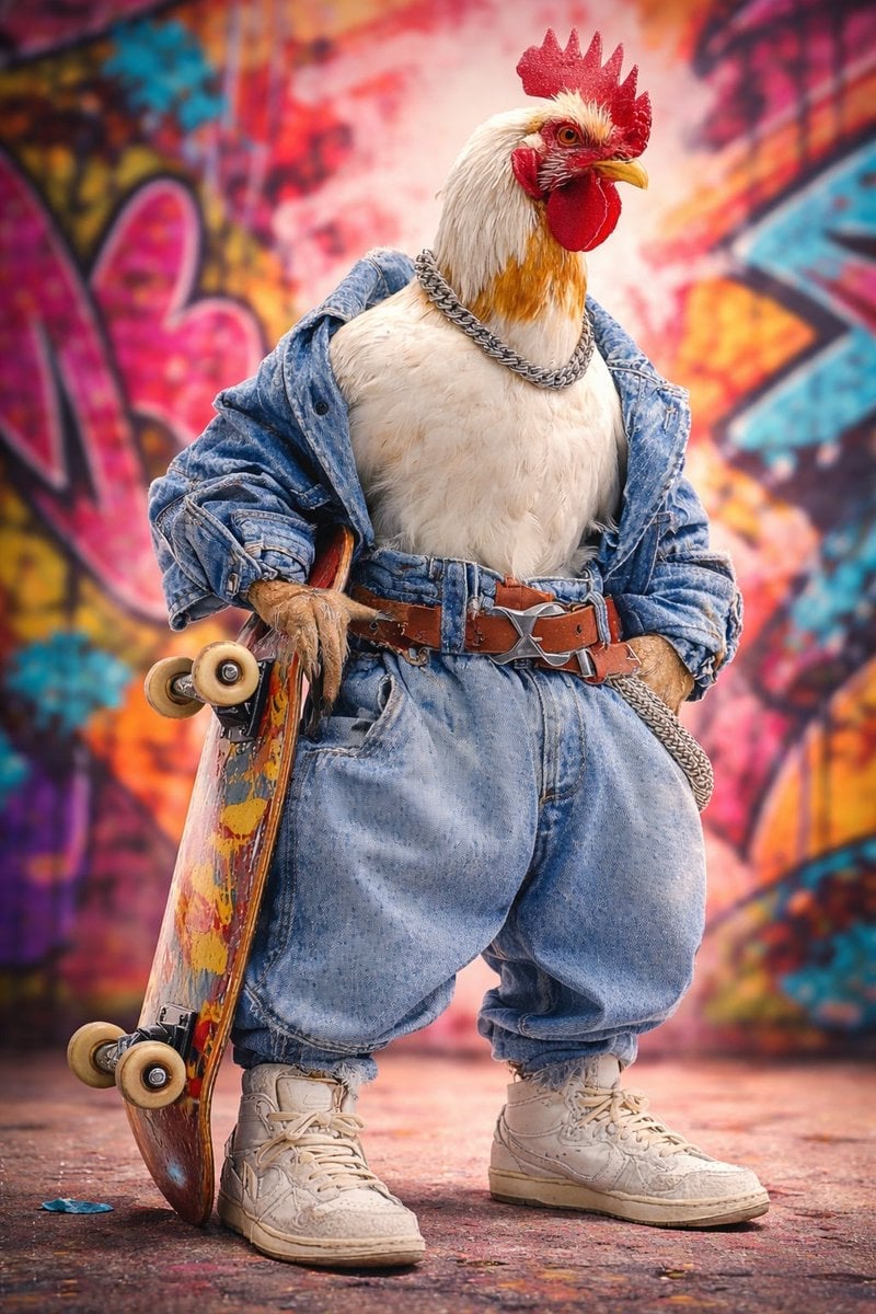 Ultra-realistic studio portrait of an anthropomorphic rooster styled