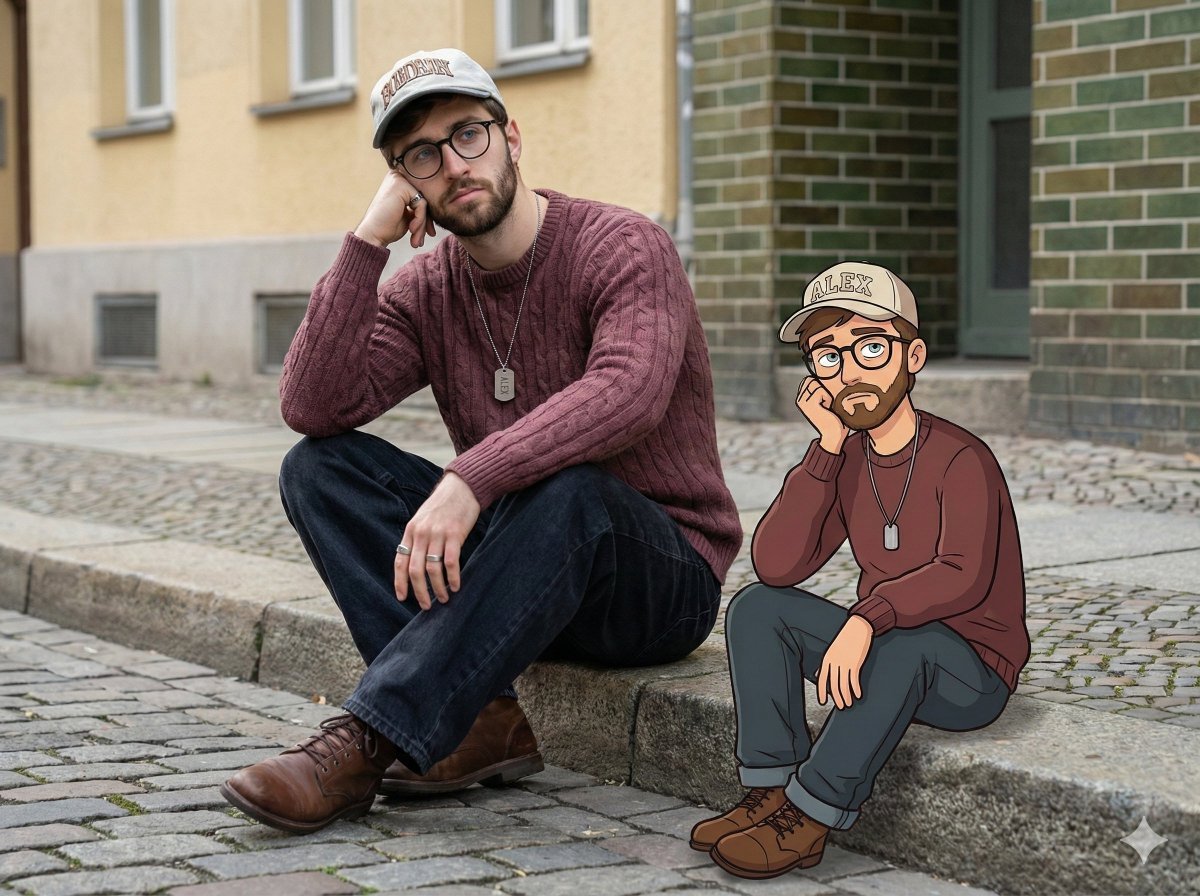Urban Street Portrait with Cartoon Inner Self Duo