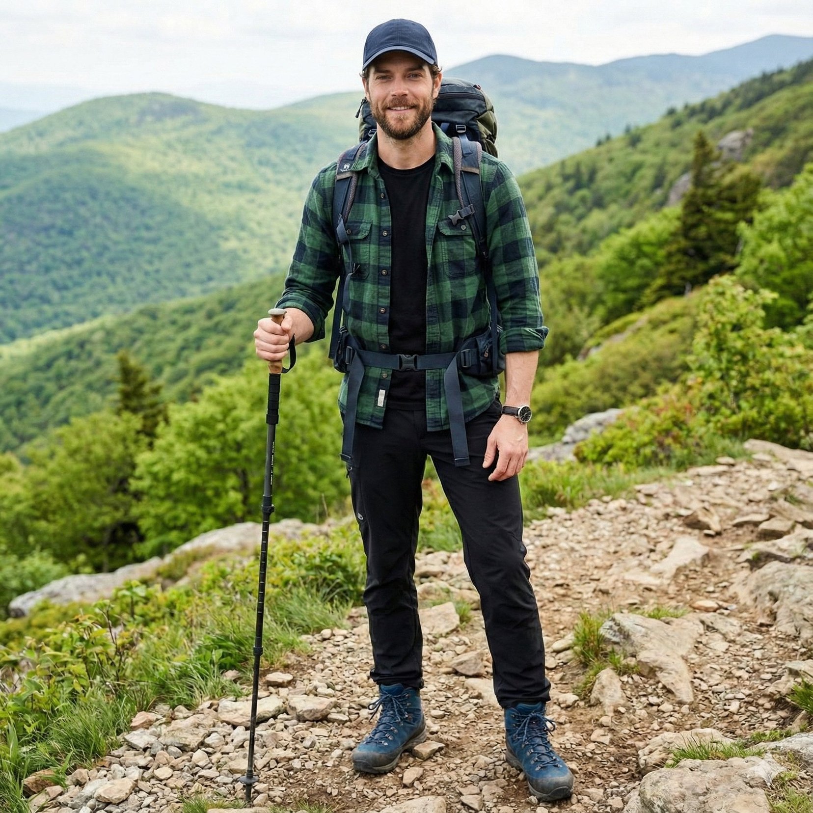 A handsome male trekker sitting comfortably at a mountain campsite, no