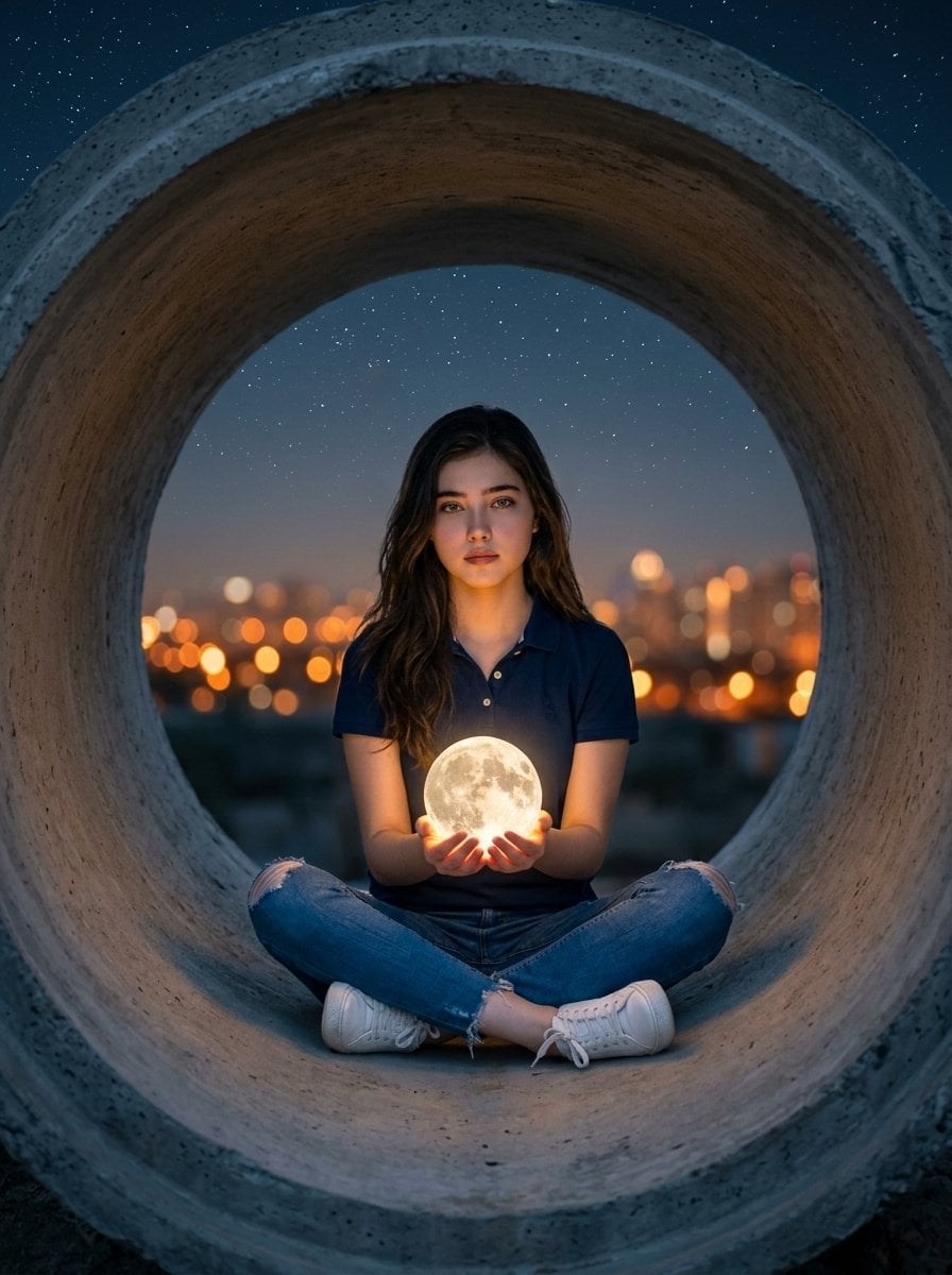 Hyper-realistic surreal photography of a woman sitting inside a massive