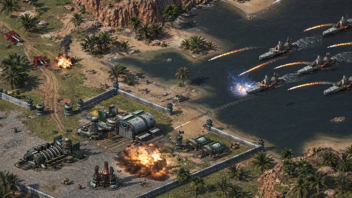 Isometric Coastal Base Under Naval Attack