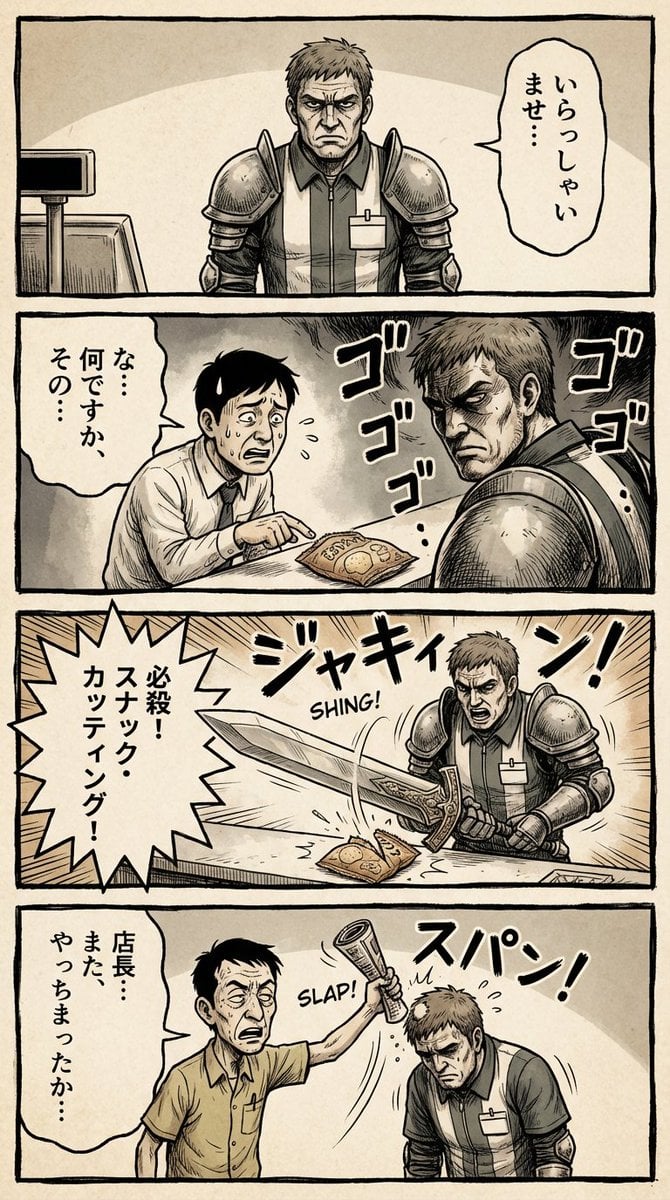 Vertical 4-panel gekiga-style manga YAML prompt