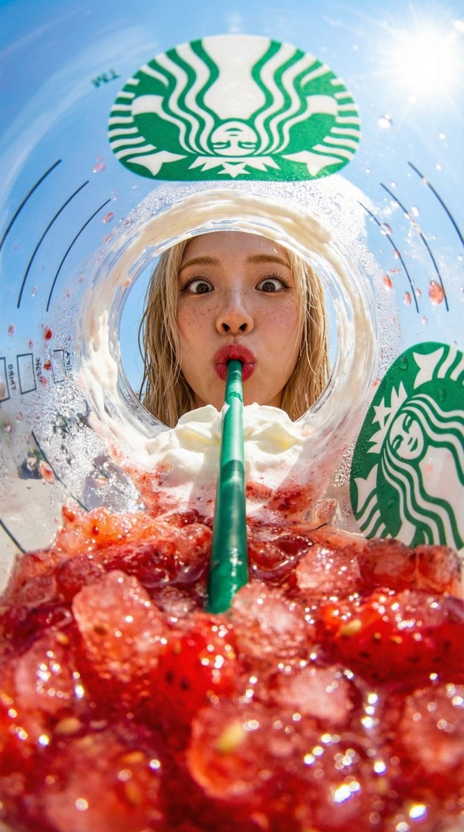 View from inside a Starbucks strawberry frappuccino cup looking up