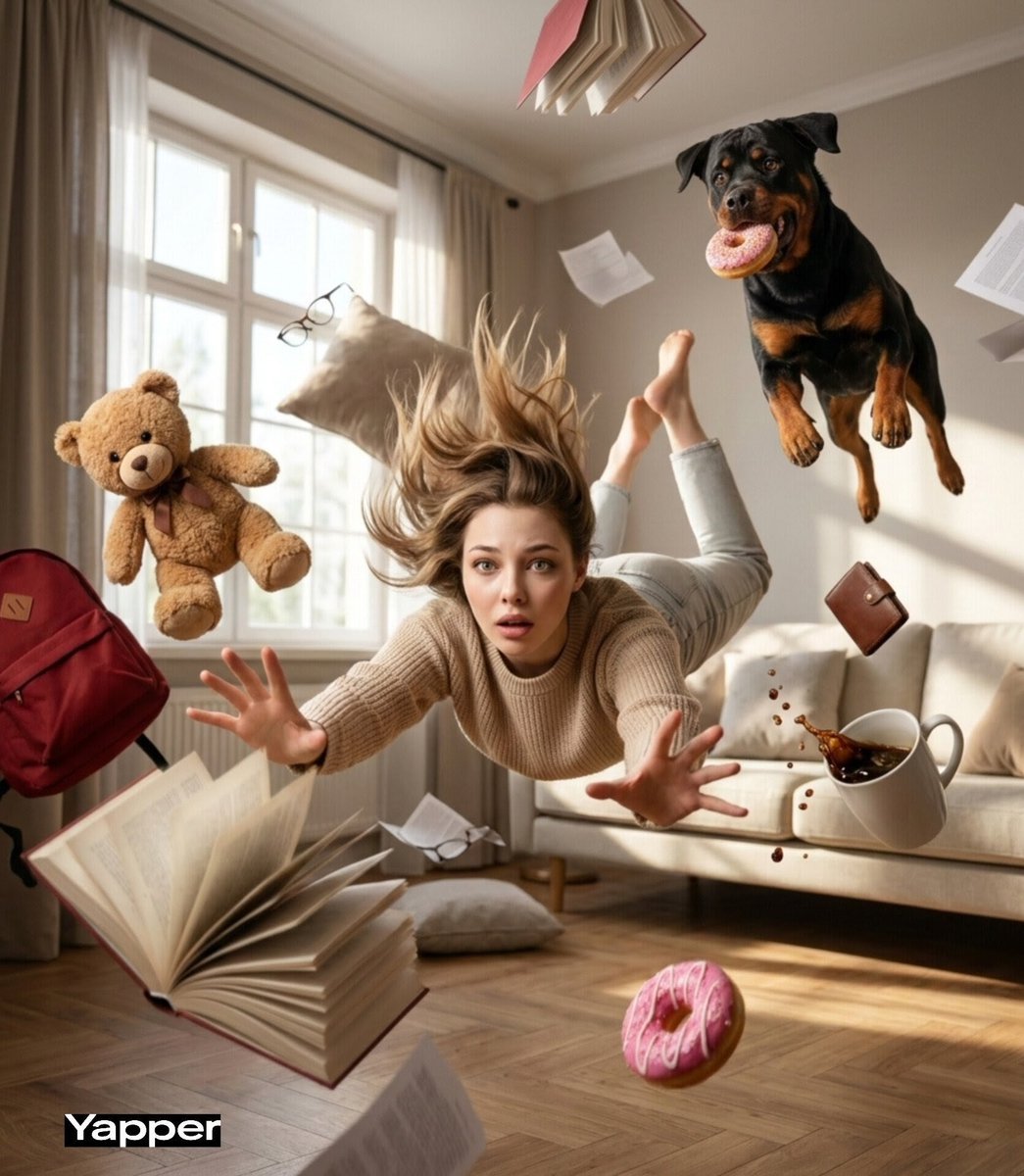 Cinematic surreal scene of a young woman falling forward through