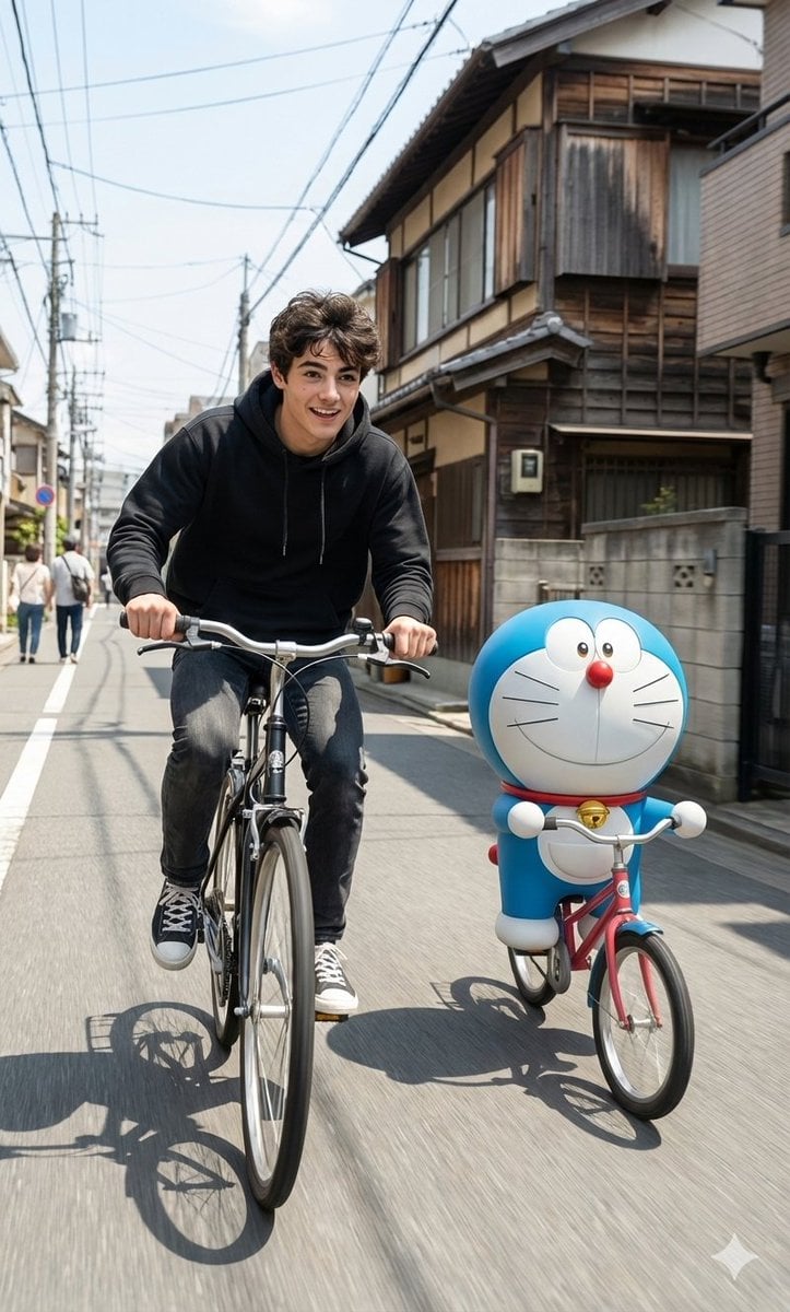 Cinematic Realism with Cartoon Character on Bicycle