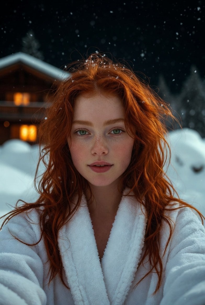 Flash Selfie in Snow at Alpine Chalet Prompt