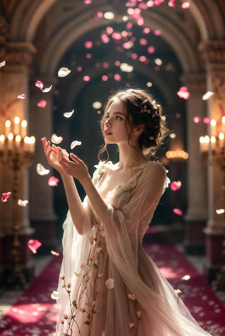 High-Fashion Fantasy Editorial with Floating Petals