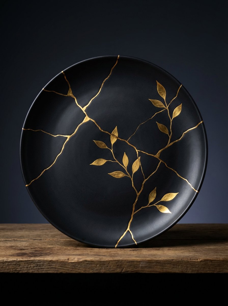 Kintsugi Black Ceramic Plate with Gold Decoration