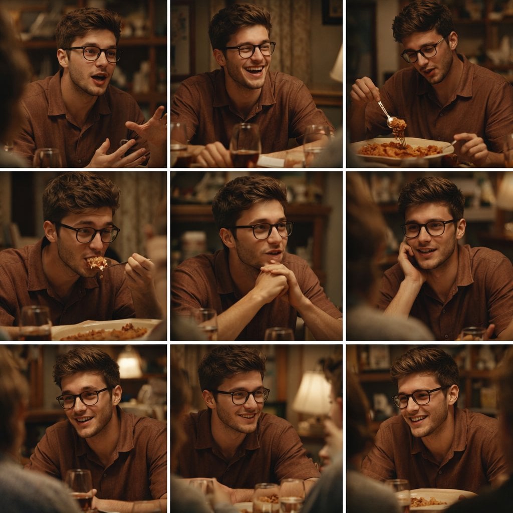 A 3x3 grid storyboard contact sheet comprised of nine candid, cinematic