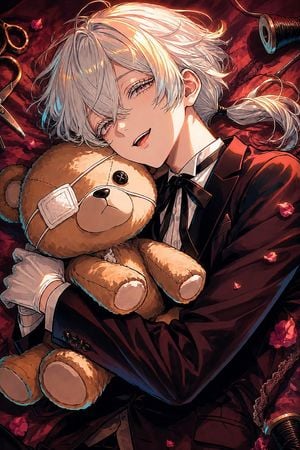 Gothic Anime Boy Hugging Teddy Bear