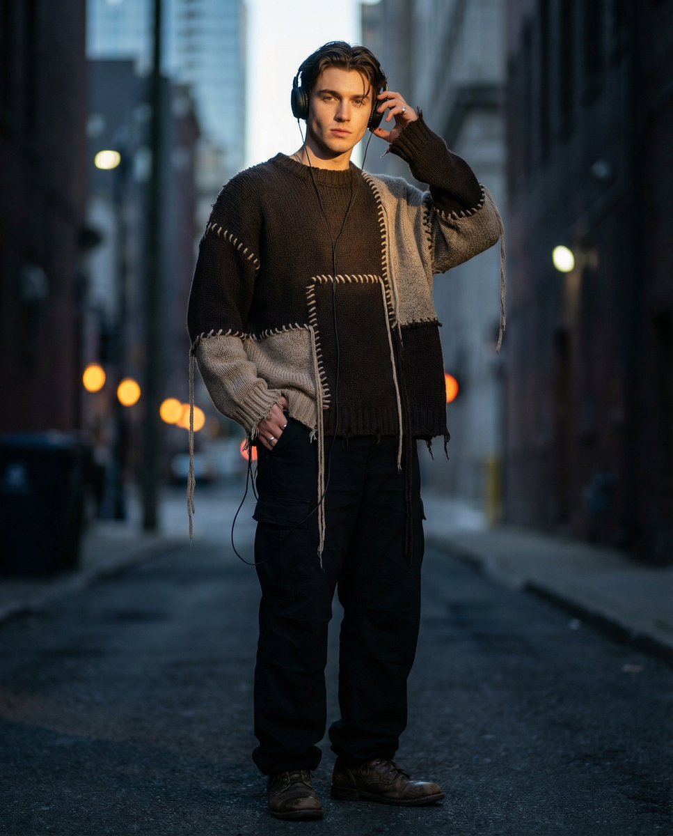 Editorial Street Fashion Portrait with Patchwork Knitwear