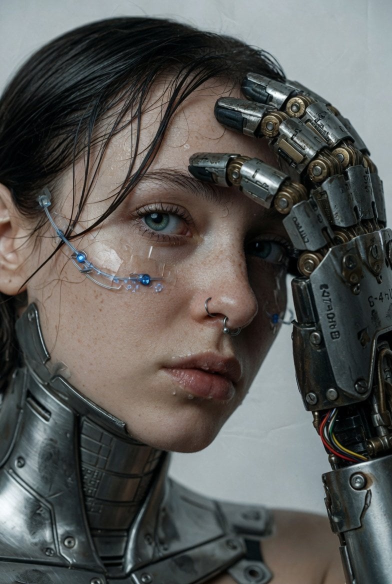 A hyper-realistic, cinematic extreme close-up portrait of a young woman