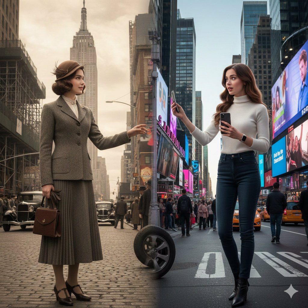 Split-Screen Cinematic Time Travel Prompt